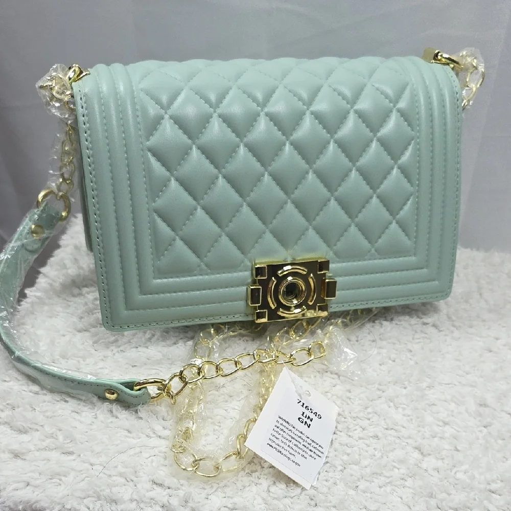 Quilted Mint Green Crossbody Bag with Gold Chain
